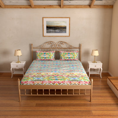 Spaces Bohochic Organic Cotton Cotton Colour Large Bedsheet With 2 Pillow Covers 180 TC(Multi)