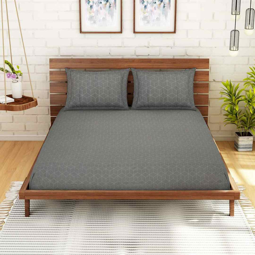 Core Designed By Spaces Seasons Best Printz Grey Double 104 TC Cotton 1 Double Bed Sheet With 1 Pillow Cover (Grey)