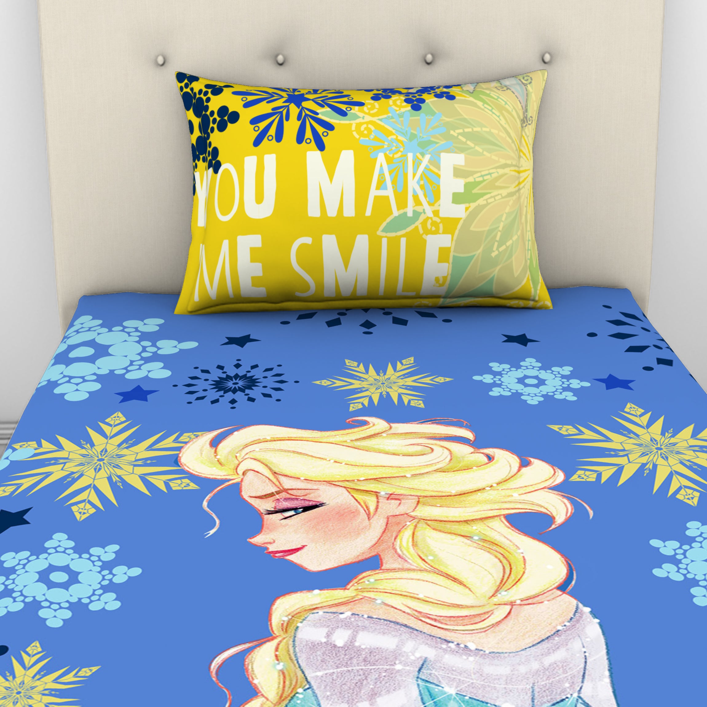 Spaces Disney Frozen Cotton Single Bedsheet With 1 Pillow Cover 180 TC(Blue)
