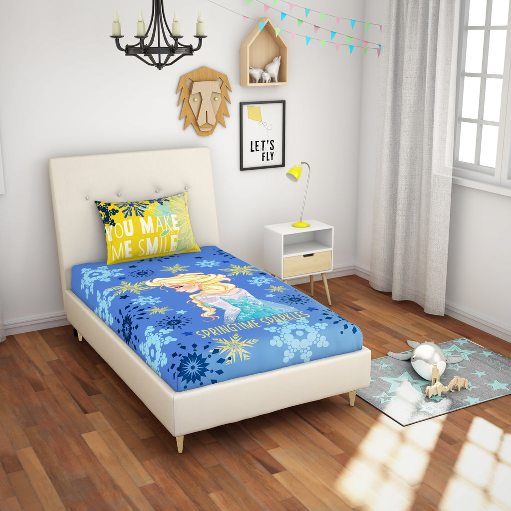 Spaces Disney Frozen Cotton Single Bedsheet With 1 Pillow Cover 180 TC(Blue)