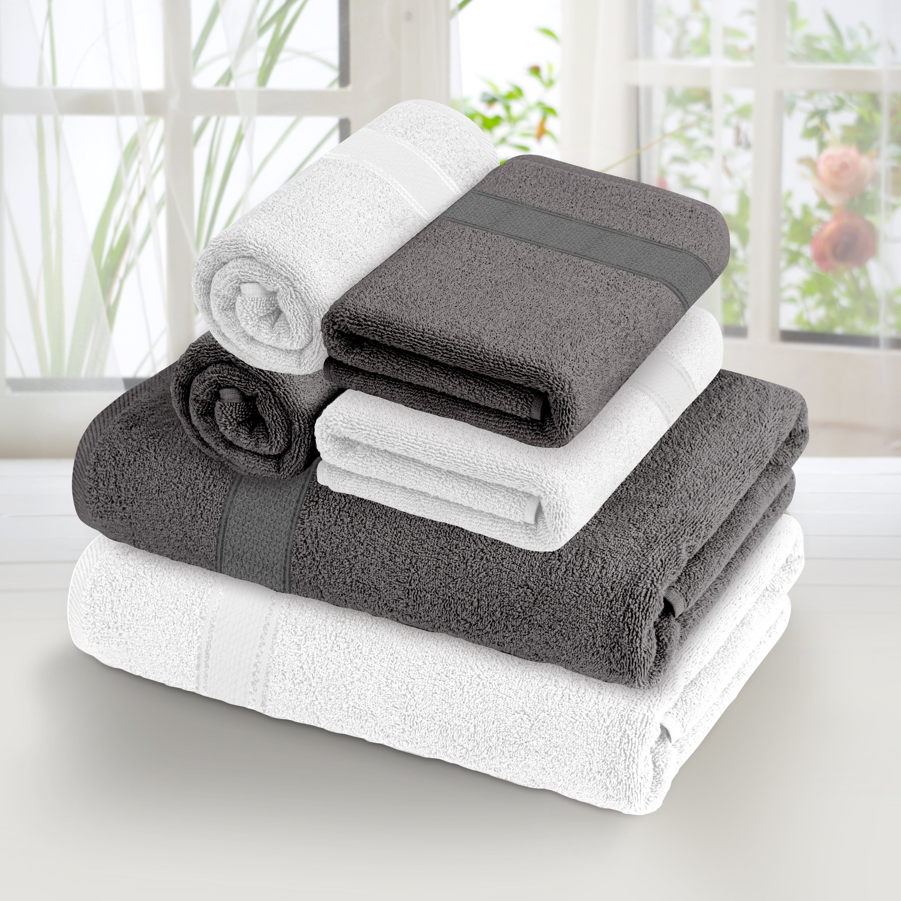 Aquacado 2 Pc Bath & 4 Pc Hand Towel Set of 6 White & Charcoal Grey