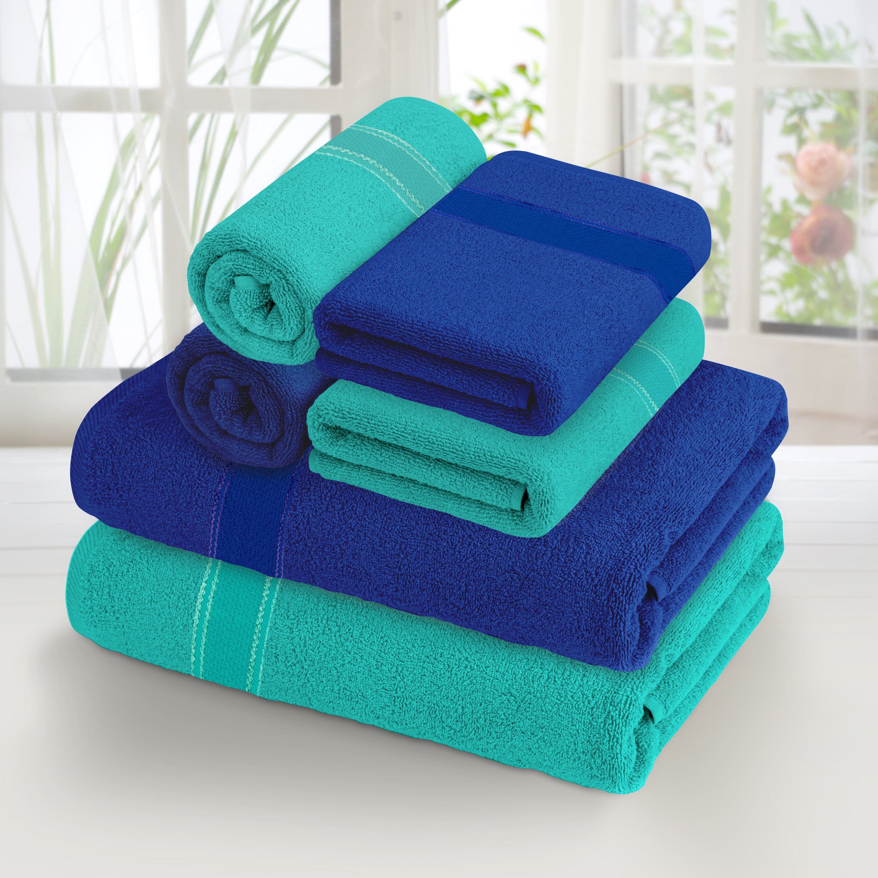 Aquacado 2 Pc Bath & 4 Pc Hand Towel Set of 6 Turq Blue & Irish Blue