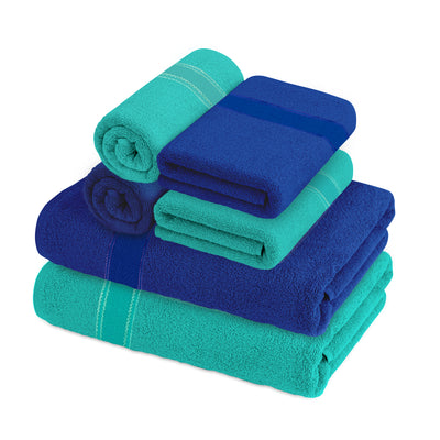 Aquacado 2 Pc Bath & 4 Pc Hand Towel Set of 6 Turq Blue & Irish Blue