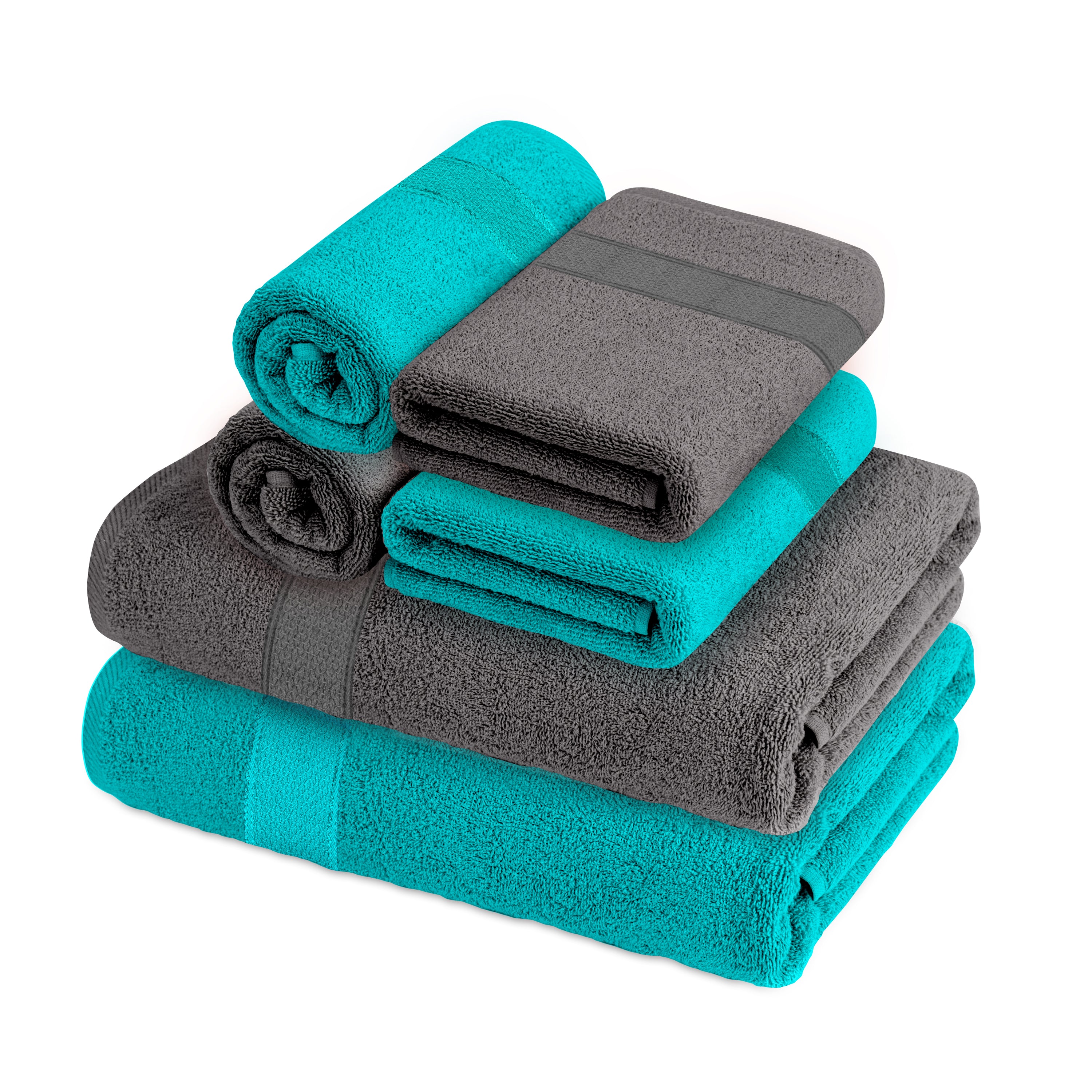 Aquacado 2 Pc Bath & 4 Pc Hand Towel Set of 6 Charcoal Grey & Turq Blue
