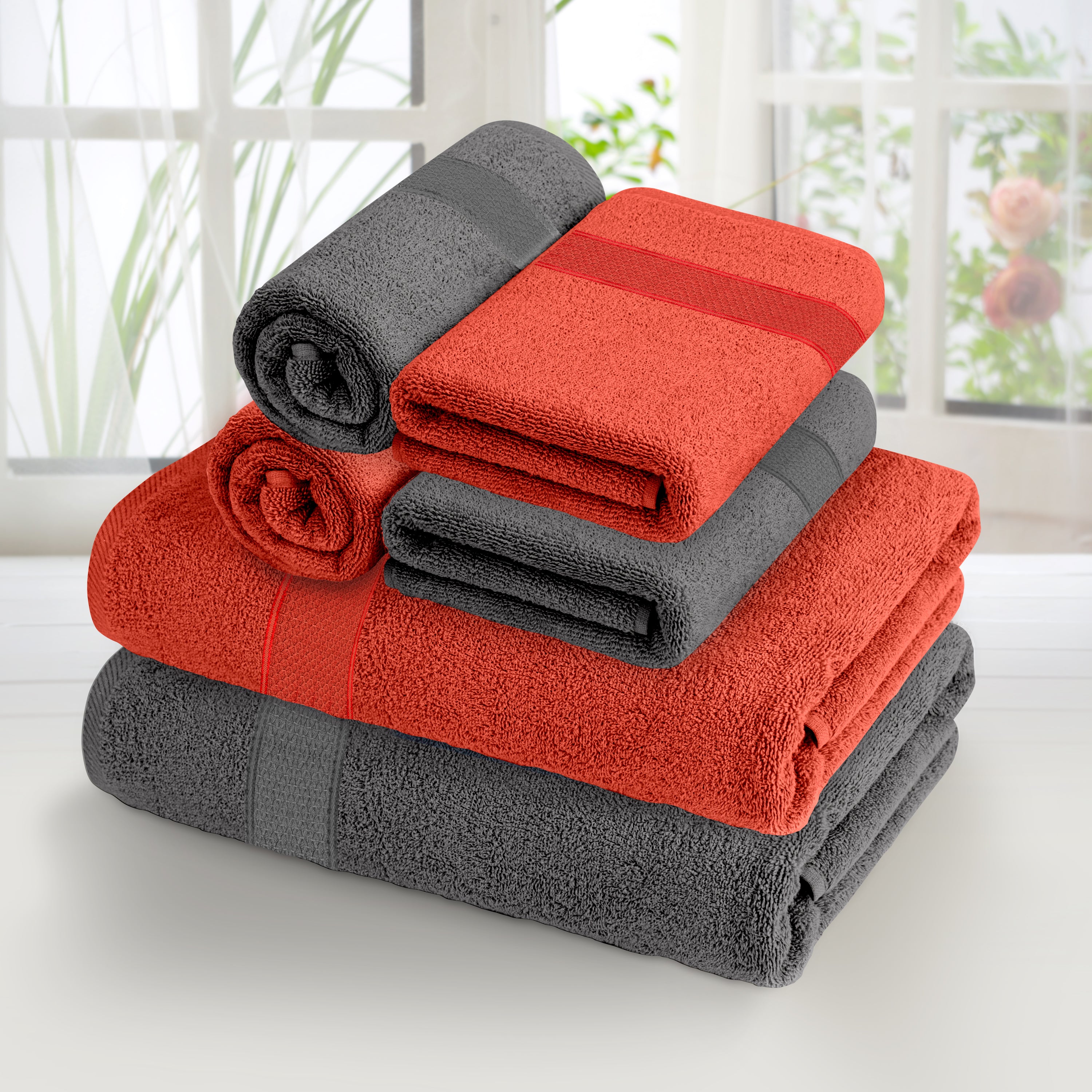 Aquacado 2 Pc Bath & 4 Pc Hand Towel Set of 6 Charcoal Grey & Rust