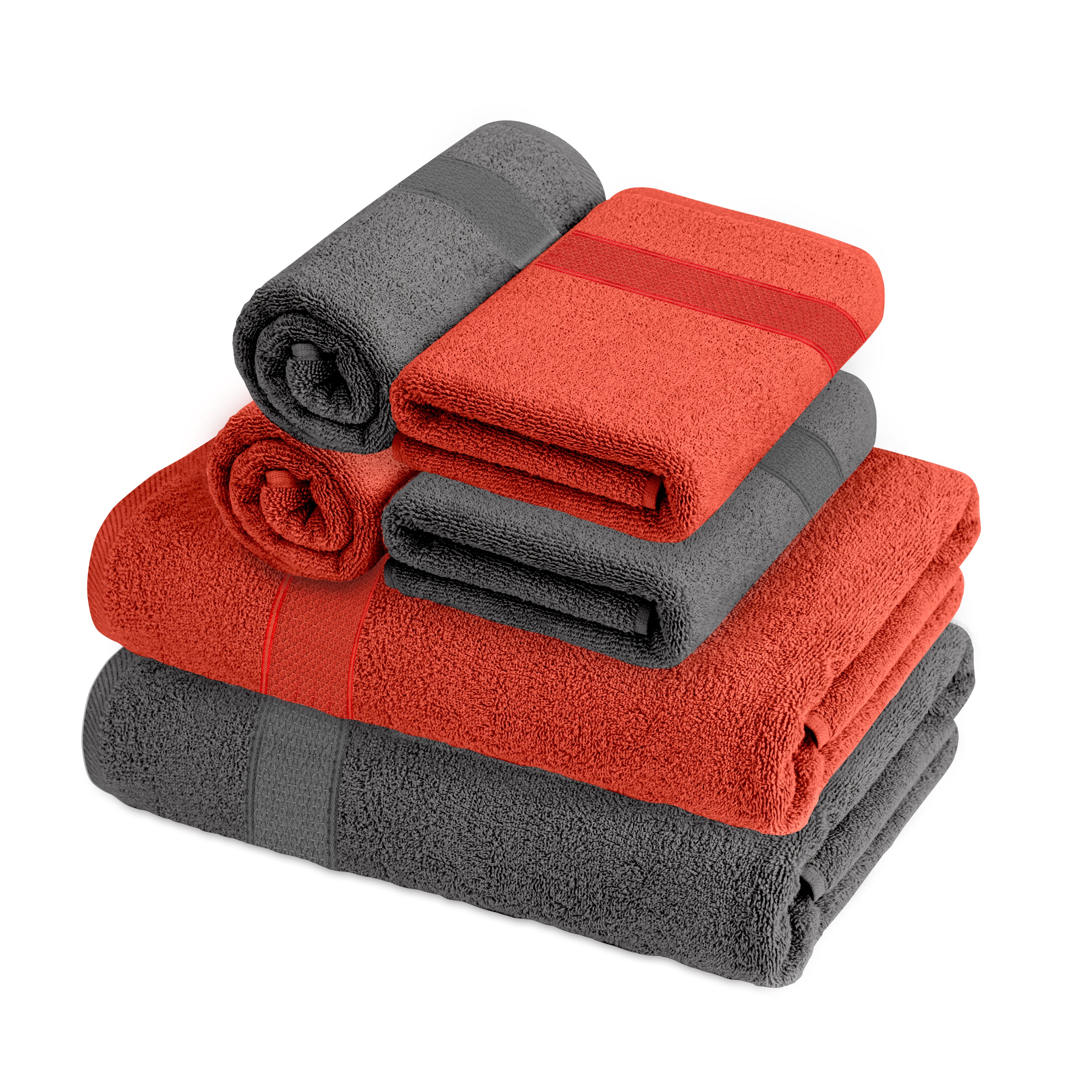 Aquacado 2 Pc Bath & 4 Pc Hand Towel Set of 6 Charcoal Grey & Rust