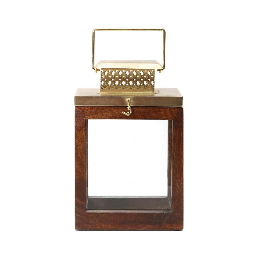Square Wooden & Metal Lantern (Gold & Brown)