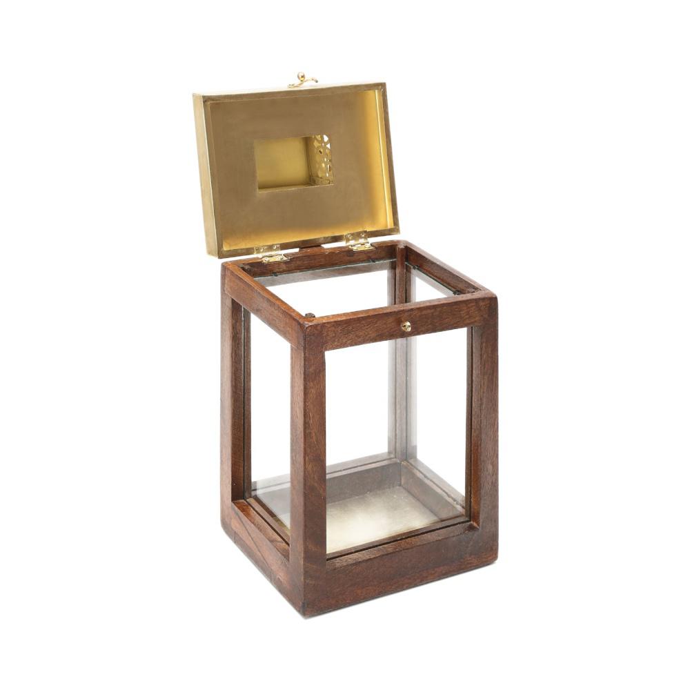 Square Wooden & Metal Lantern (Gold & Brown)