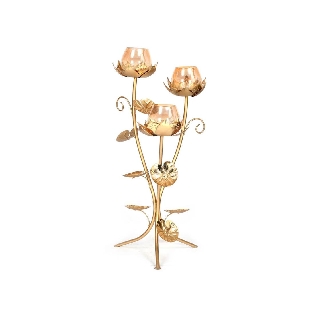 3 Lotus Metal & Glass Floor Candle Stand (Gold)