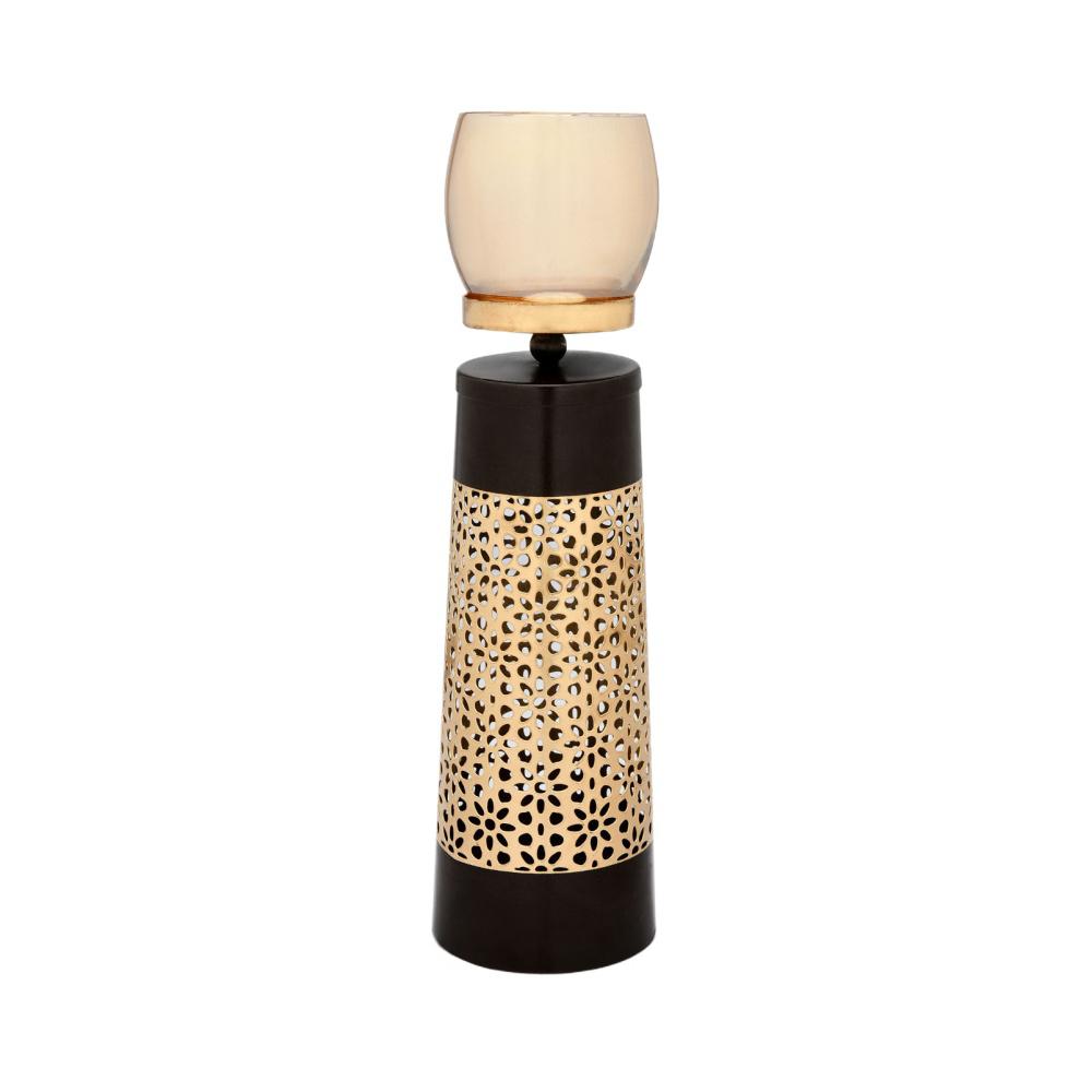 Tall Pillar Metal & Glass Candle Stand (Brown & Gold)