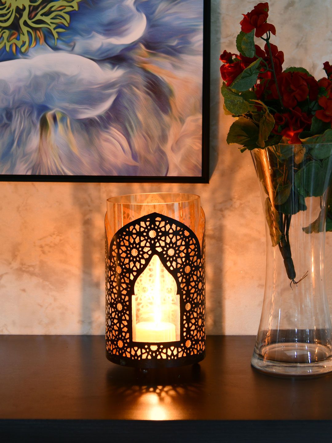 Minar Metal & Glass Candle Stand (Brown & Gold)