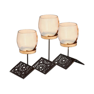 Trio Metal & Glass Candle Stand (Brown & Gold)