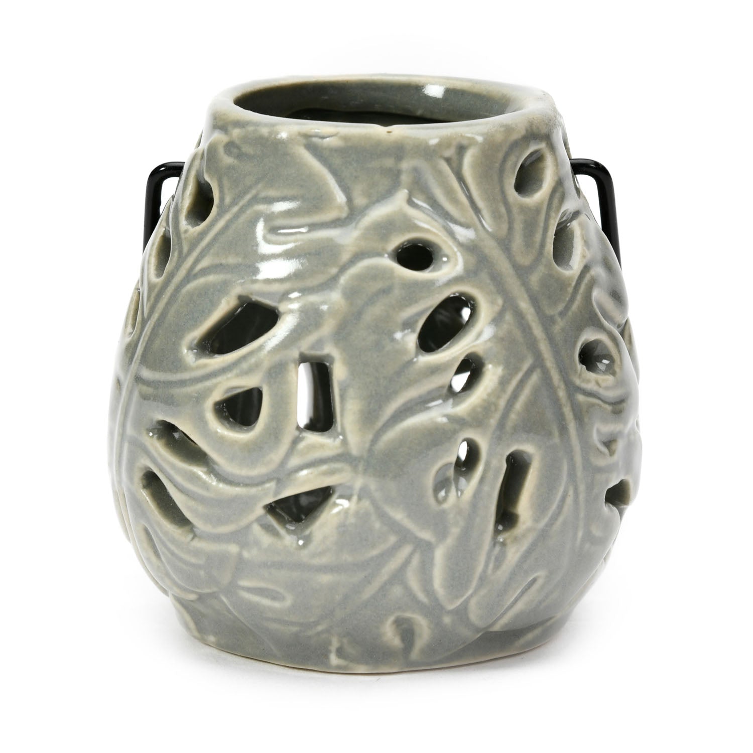 Palm Leaf Cutwork Ceramic Lantern (Grey)
