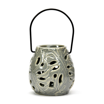 Palm Leaf Cutwork Ceramic Lantern (Grey)