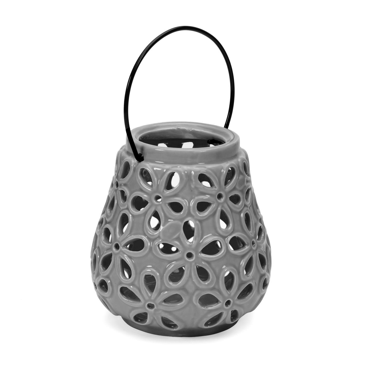 Floral Cutwork Ceramic Lantern (Grey)