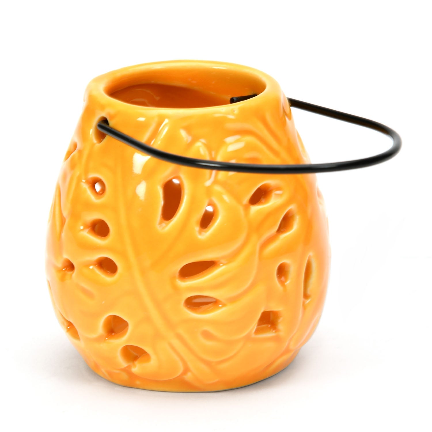 Palm Leaf Cutwork Ceramic Lantern (Mustard)