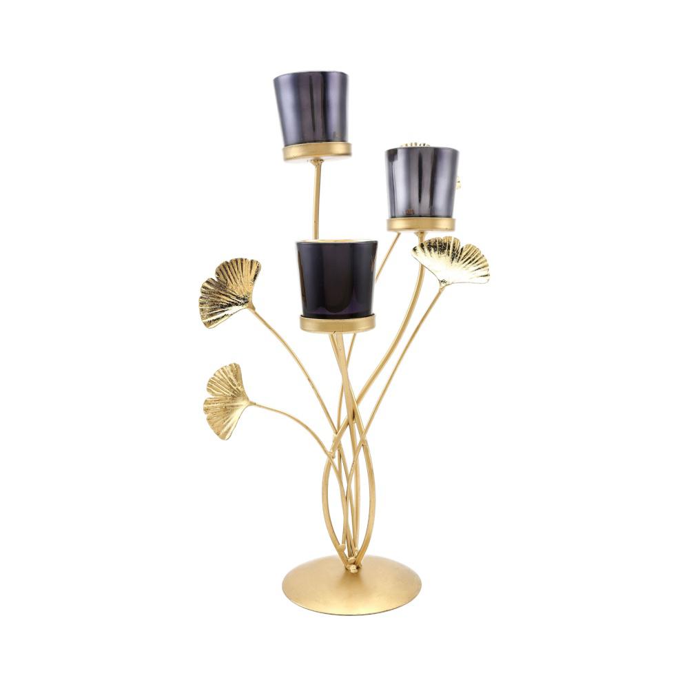 3 Gingko Lotus Metal & Glass Candle Stand (Black & Gold)