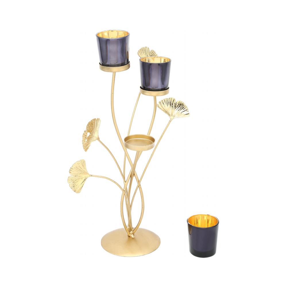 3 Gingko Lotus Metal & Glass Candle Stand (Black & Gold)