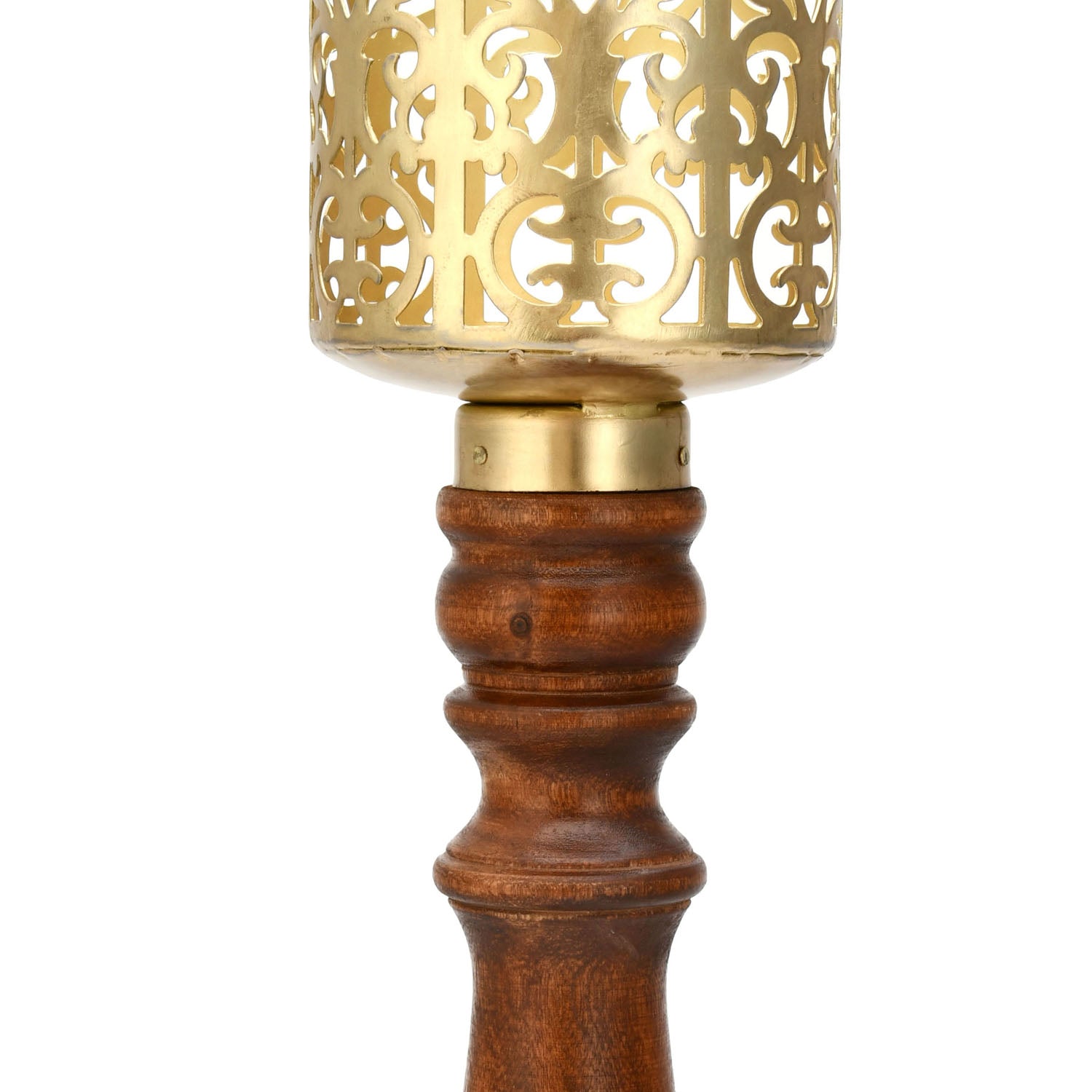 Flower Jali Metal & Wooden Candle Holder (Brown, 46 cm)