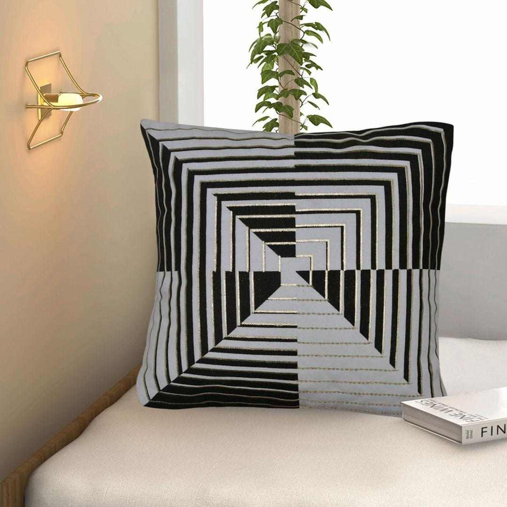 Cosmos Foil Square Illusion Polyester 12" x 12" Cushion Cover (Black & Gold)
