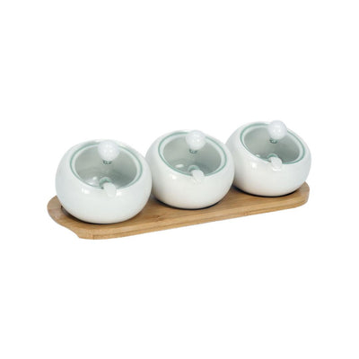 Condiment Set Of 3 Piece With Spoon (White & Brown)