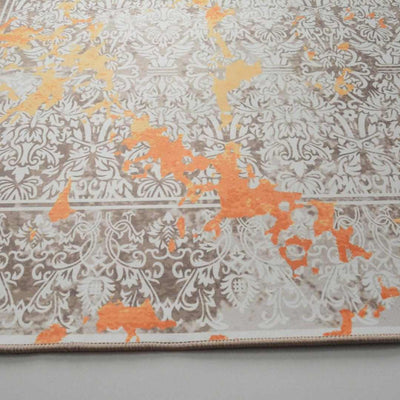 Motif Polyester 2 x 5 Ft Machine Made Carpet (Orange & Brown)
