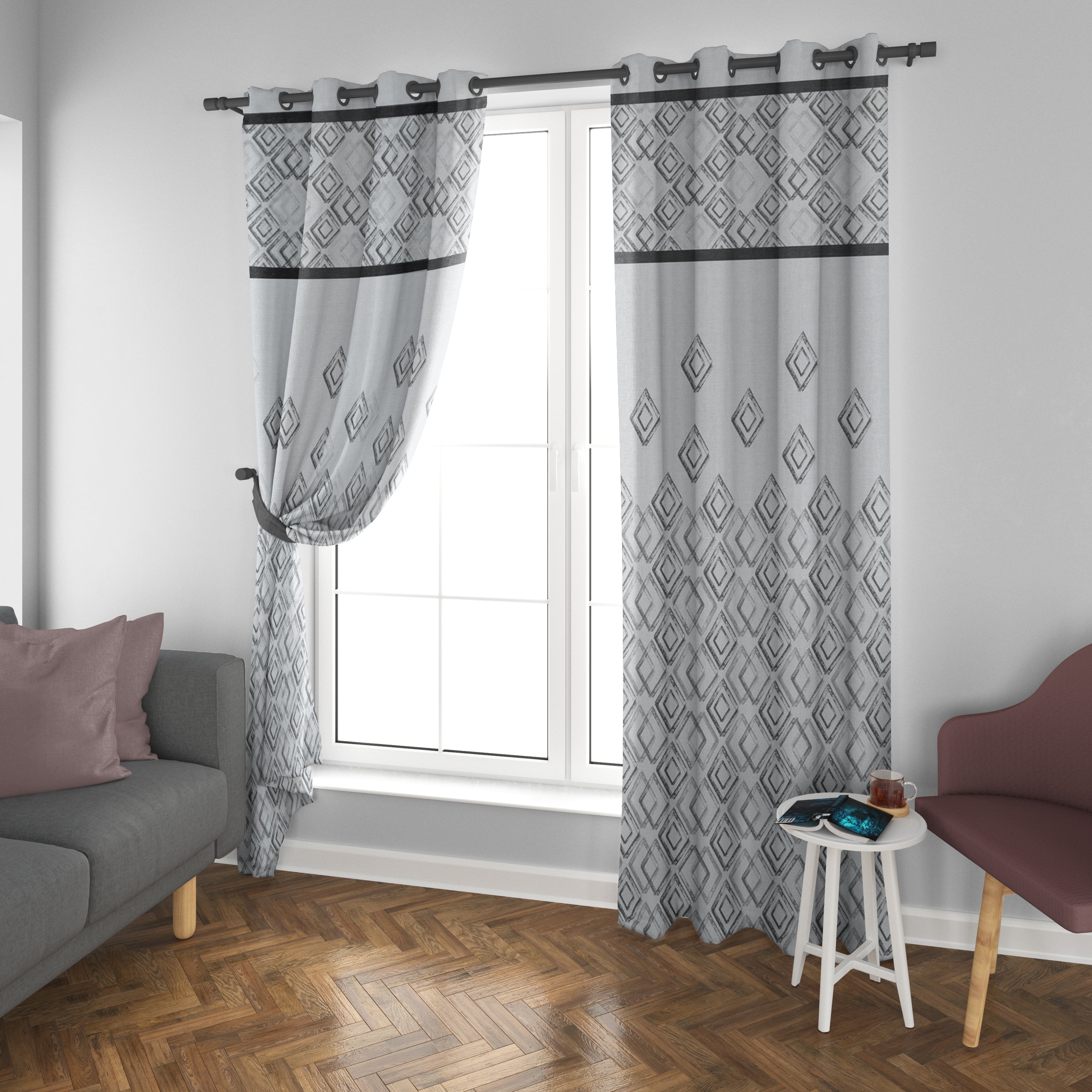 Grace Jacquard Diamond 7 Ft Polyester Door Curtains Set Of 2 (Black)