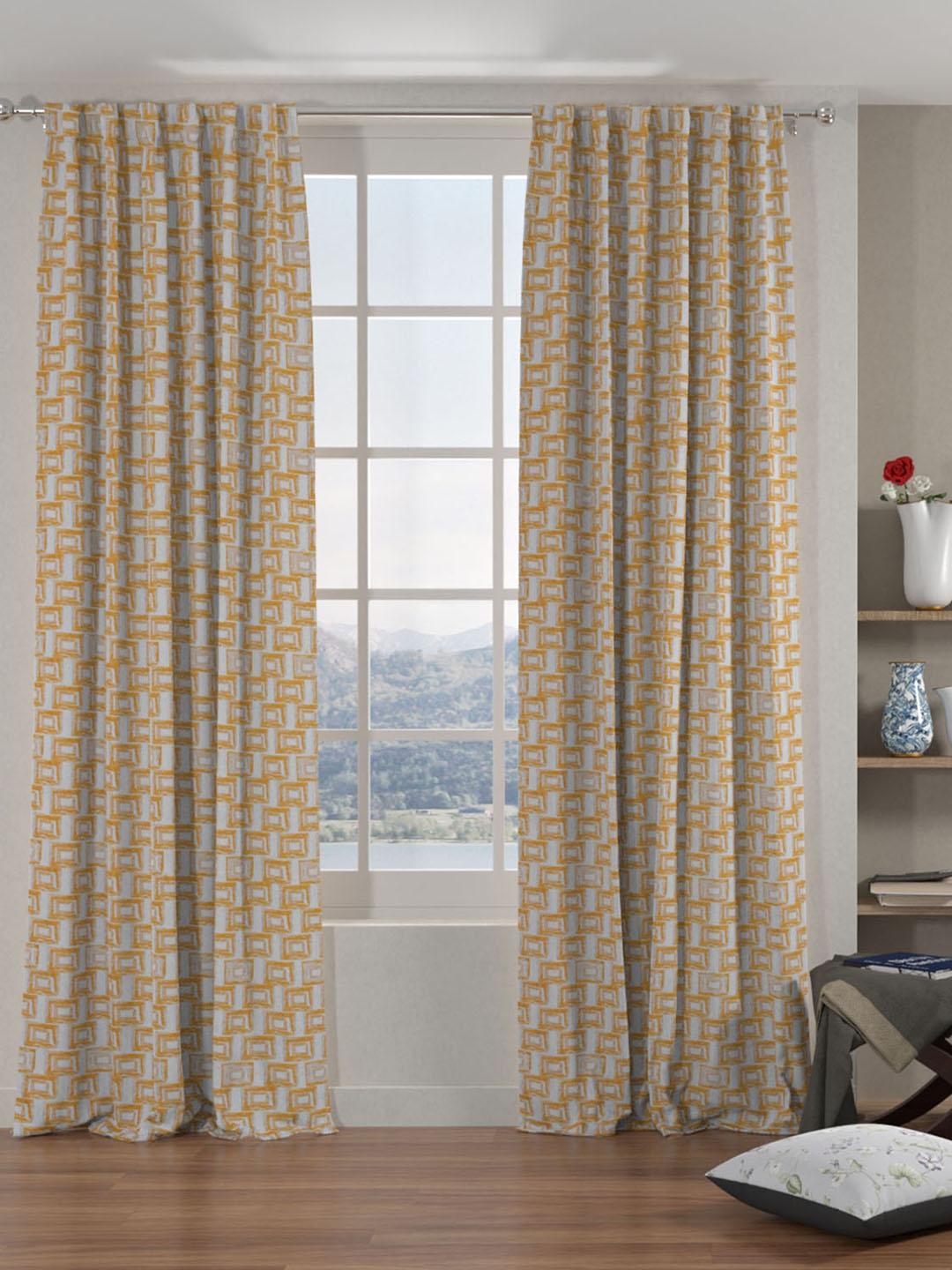 Grace Jacquard Geometric  9 Ft Polyester Long Door Curtains Set Of 2 (Mustard)