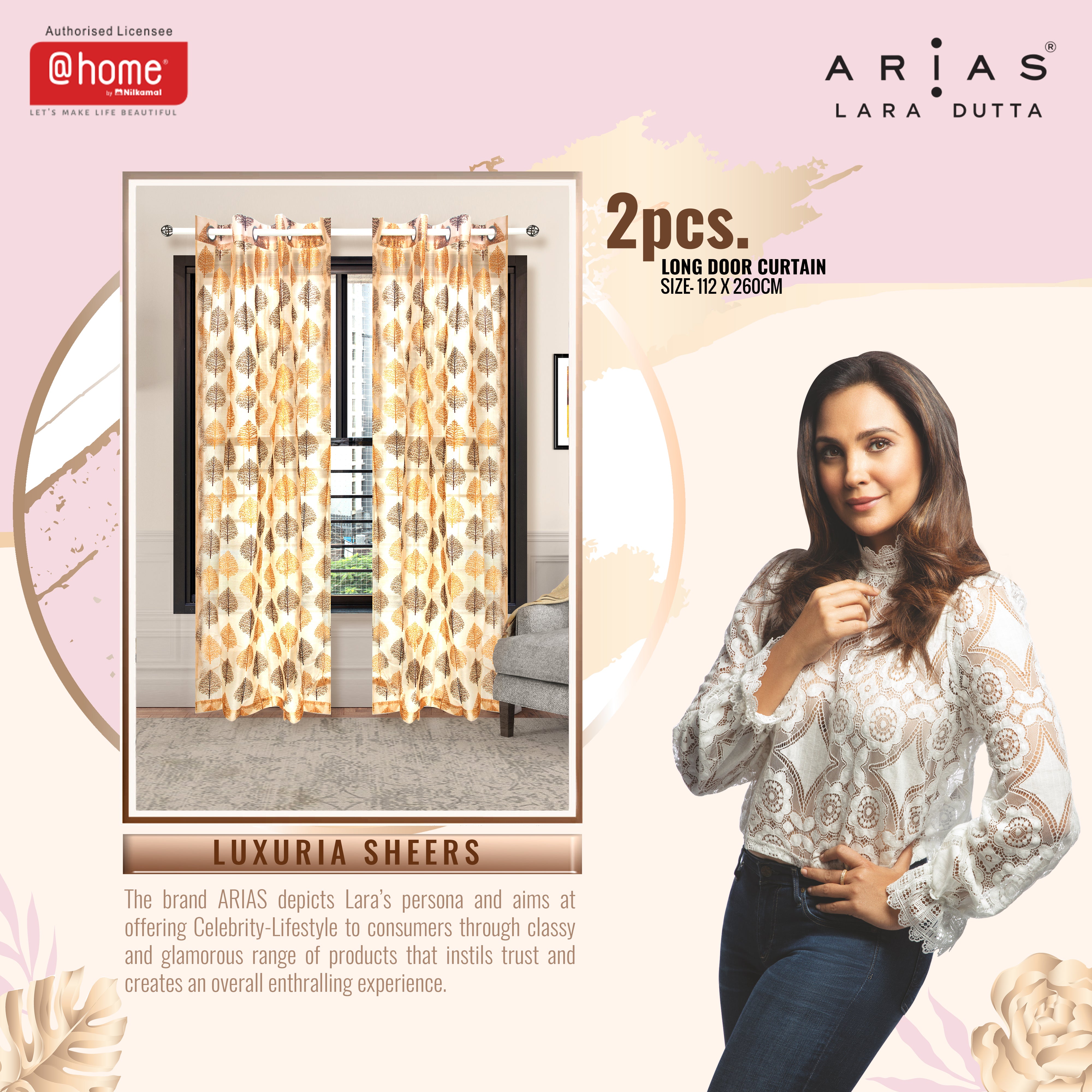 Arias Luxuria Sheers Leaf 9 Ft Crepe Organza Long Door Curtain Set of 2 (Beige)
