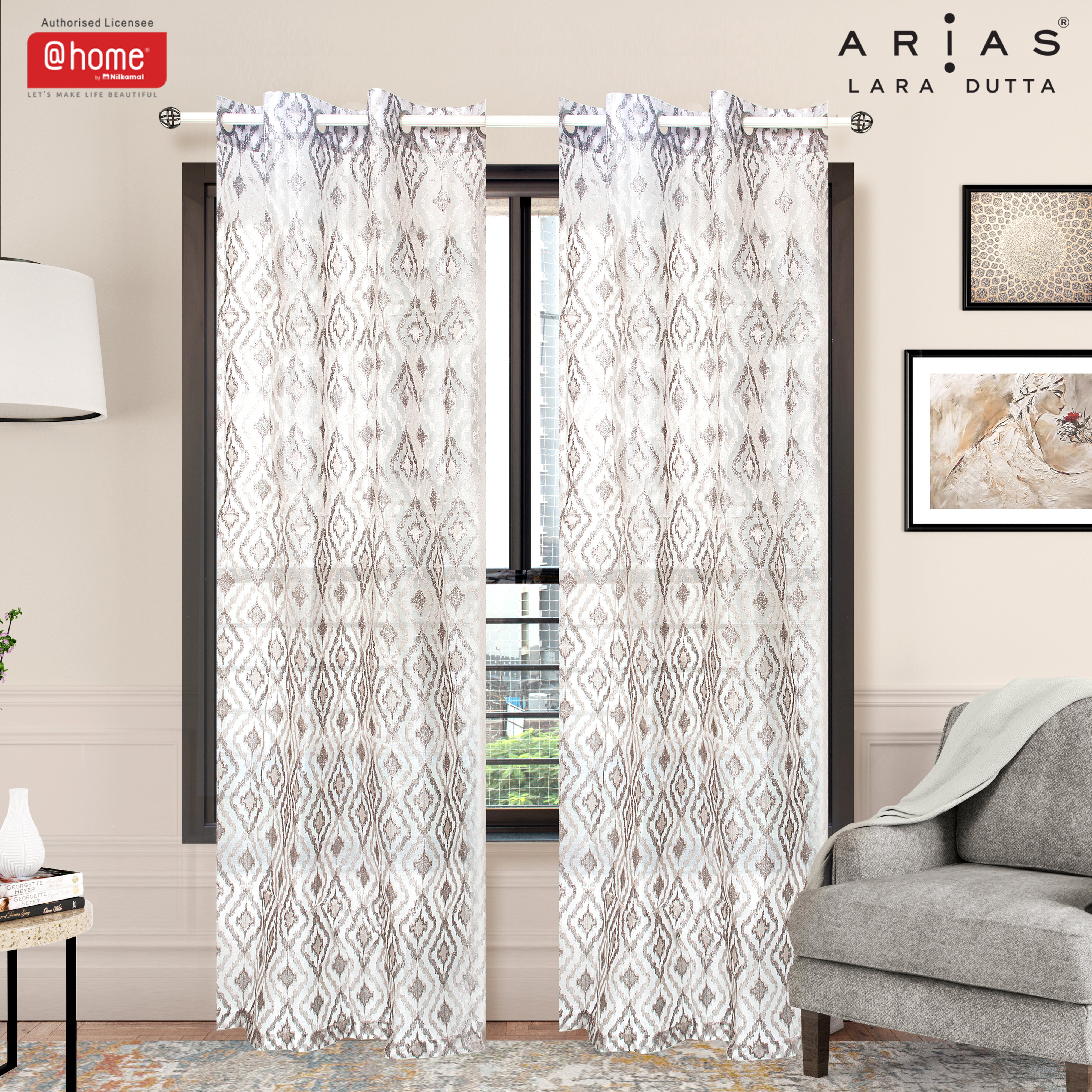 Arias Luxuria Sheers Abstract 9 Ft Crepe Organza Long Door Curtain Set of 2 (Grey)