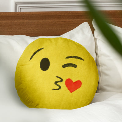 Smiley Kiss Emoji Polyester 14" x 14" Filled Cushion (Yellow)