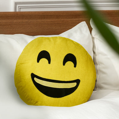 Smiley Laugh Emoji Polyester 14" x 14" Filled Cushion (Yellow)