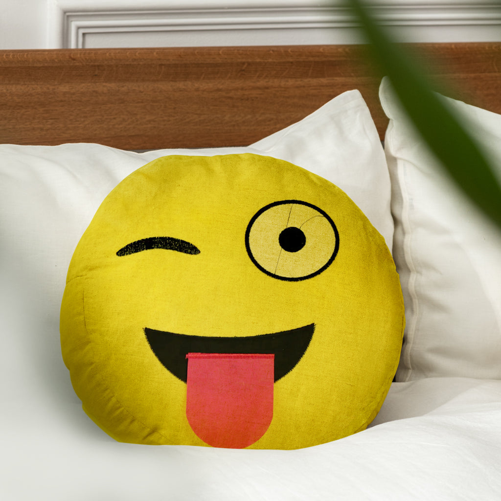 Smiley Crazy Emoji Polyester 14" x 14" Filled Cushion (Yellow)