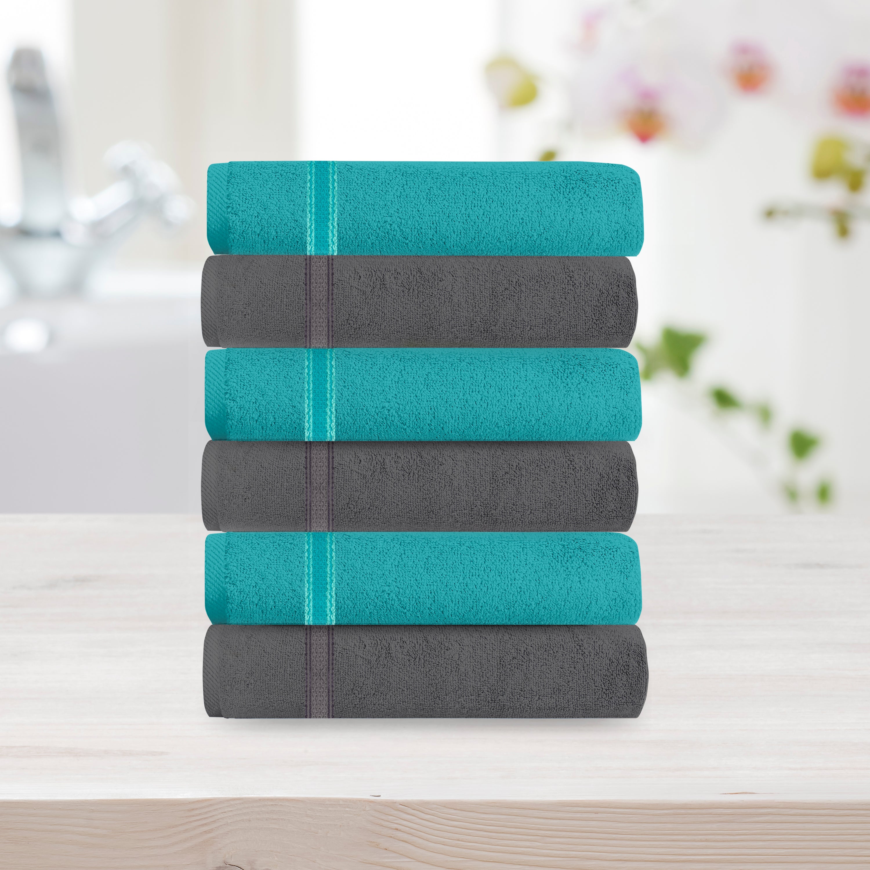 Aquacado 26 x 26 cm Face Towel Set Of 6 Charcoal Grey & Turq Blue