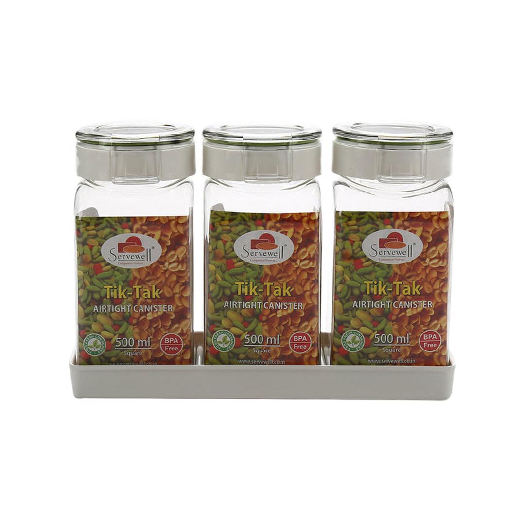 Tik Tak Square 500 ml Canister with Tray Set 3 Pieces (Clear)