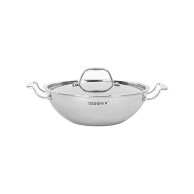 Bergner Triply Stainless Steel 24 cm Kadai with Lid (Silver)