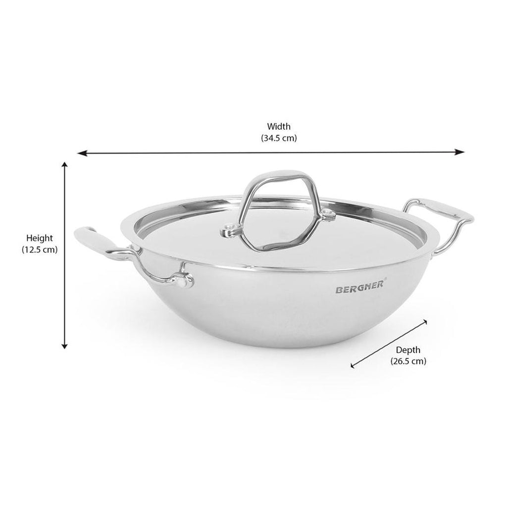 Bergner Triply Stainless Steel 24 cm Kadai with Lid (Silver)