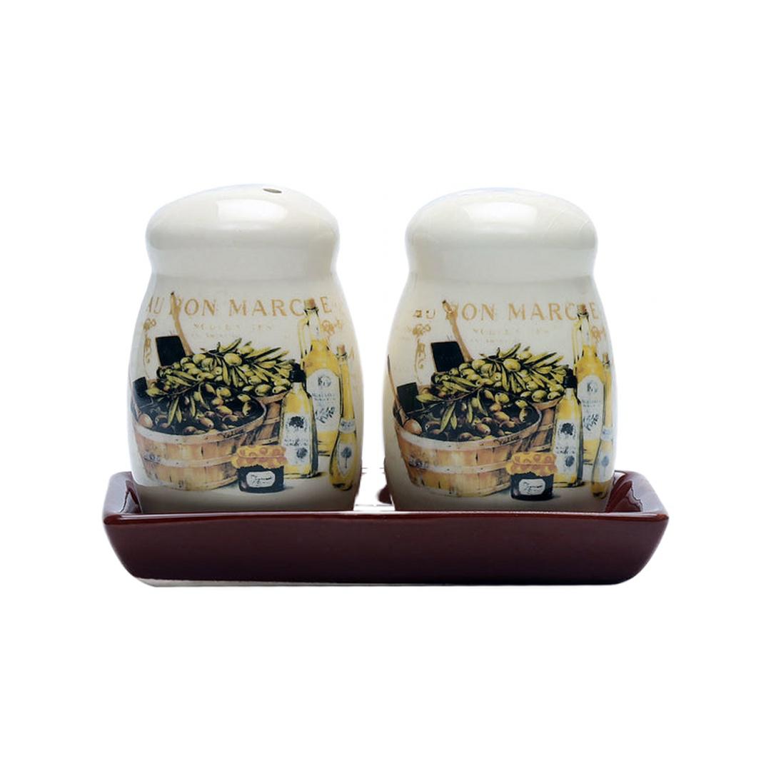 Salt & Pepper With Tray Ceramic (Brown)