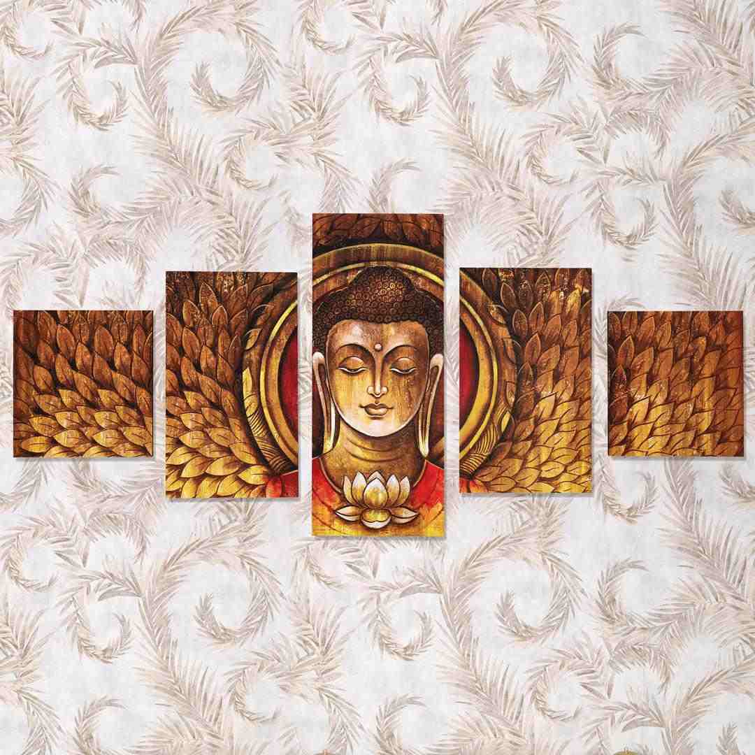 Buddha Mukh Round Painting With 5 Panel (Brown)