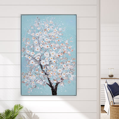 Floral Tree Canvas Wall Painting (Sea Green & White)