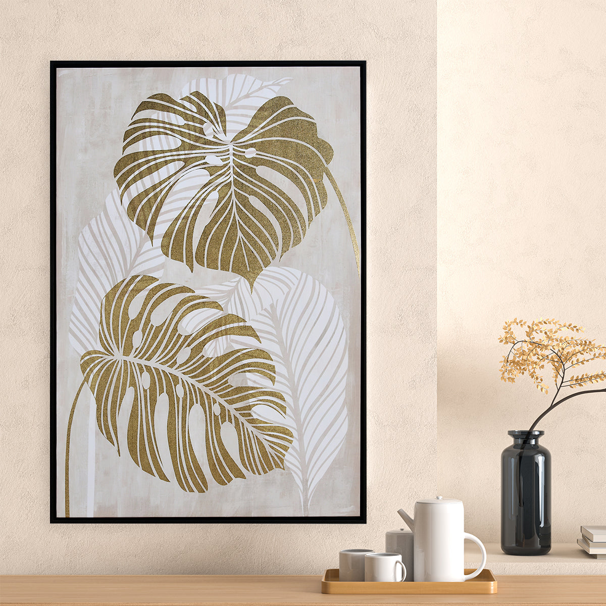 Monstera Leaf Canvas Wall Painting (White & Gold)