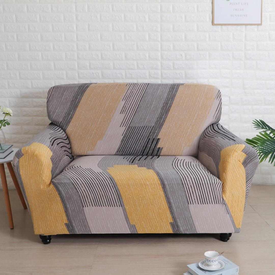 Abstract Elegance Fitted 2 Seater Sofa Cover Mustard & Multicolor