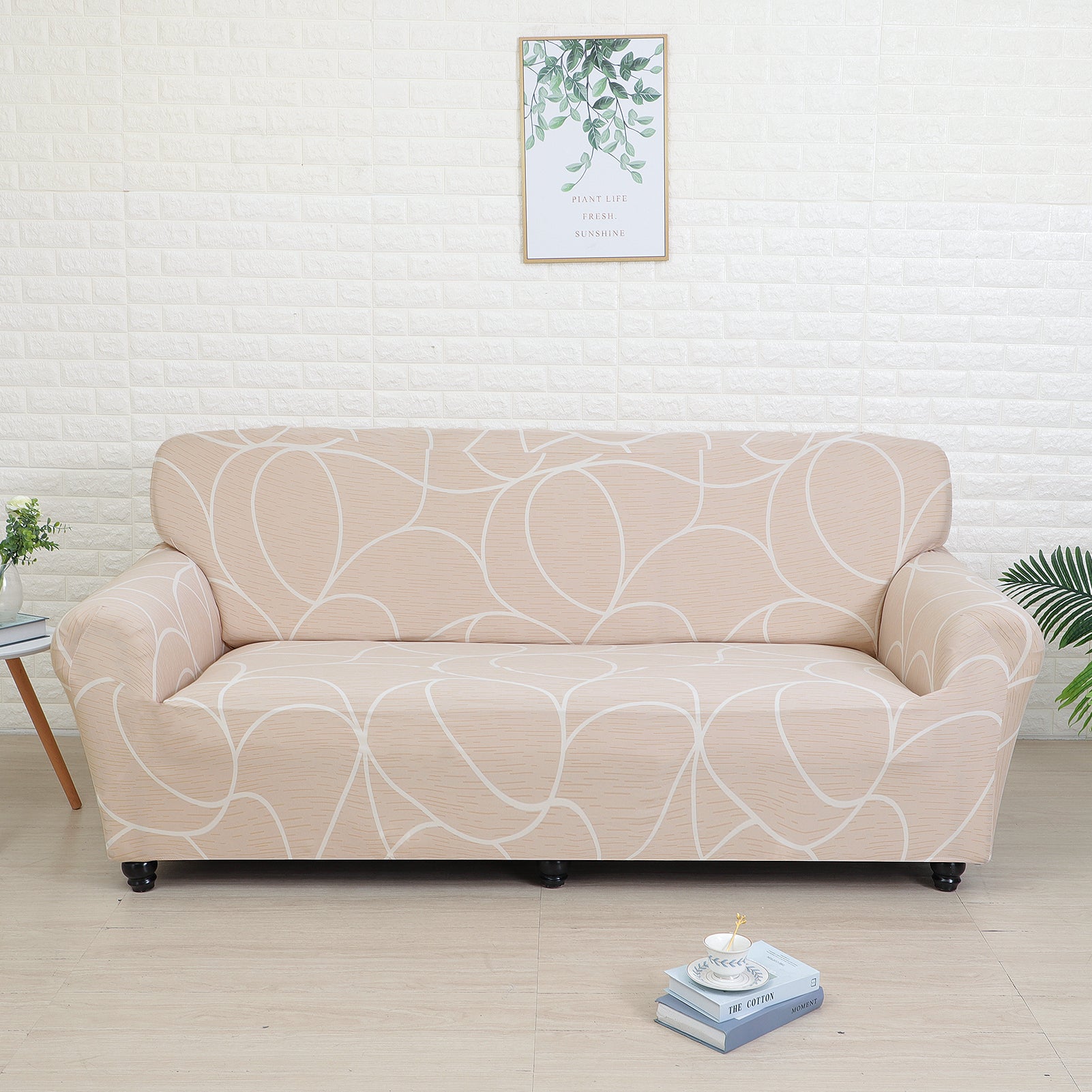 Geometric Elegance Fitted 3 Seater Sofa Cover Peach & White