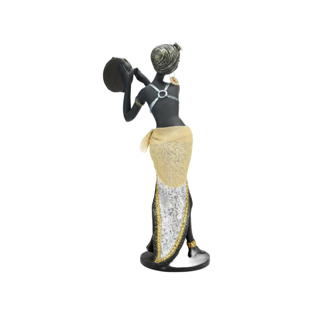 Tribal Lady Tambourine Polyresin Showpiece (Black & Gold)