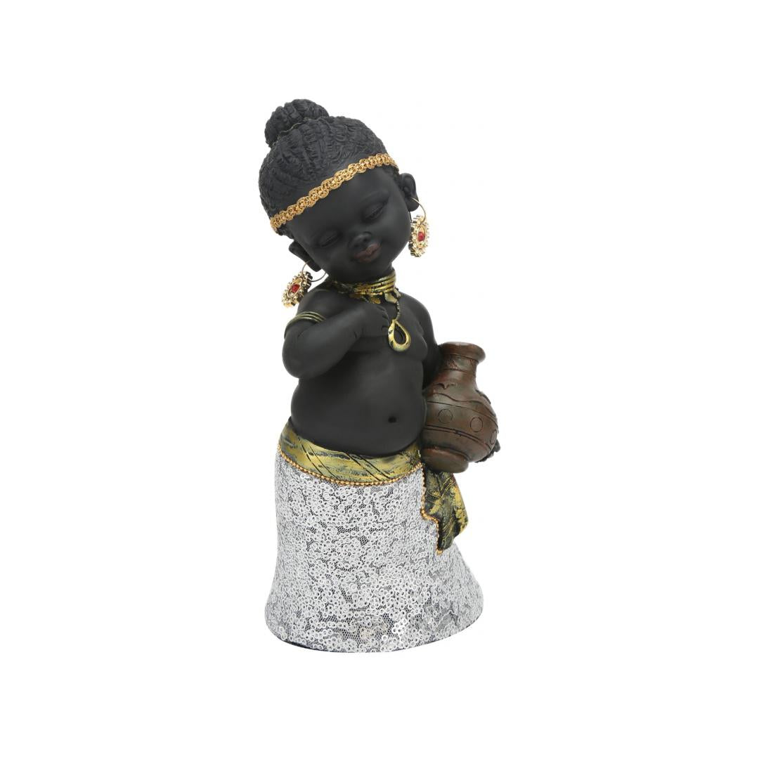 Tribal Girl Pot Polyresin Showpiece (Black & Gold)