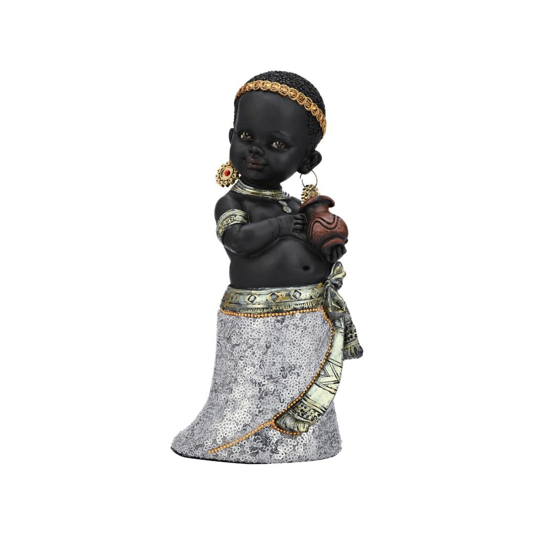 Tribal Girl Holding Pot Polyresin Showpiece (Brown)
