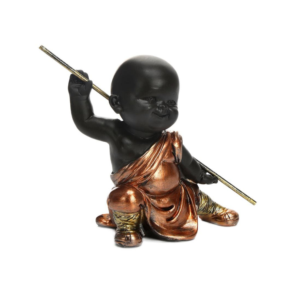 Baby Monk Holding Stick Polyresin Showpiece (Brown)