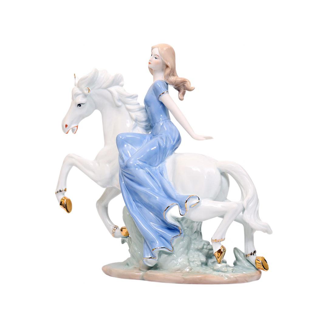Lady on Horse Decorative Ceramic Showpiece (White)