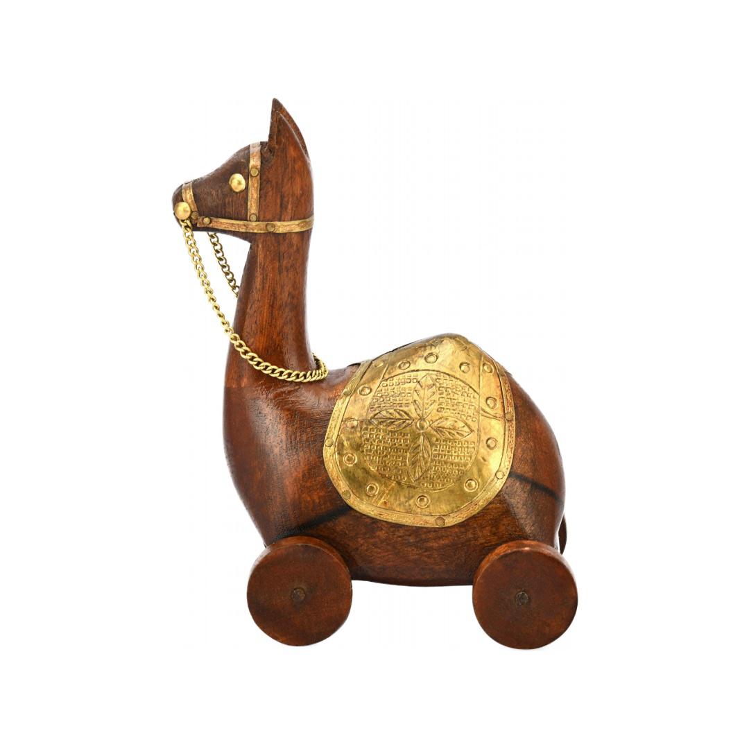 Camel Sitting On Wheel Wooden Showpiece (Brown & Gold)