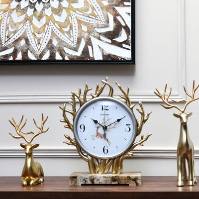 Deer Showpiece & Table Clock Combo (Gold)
